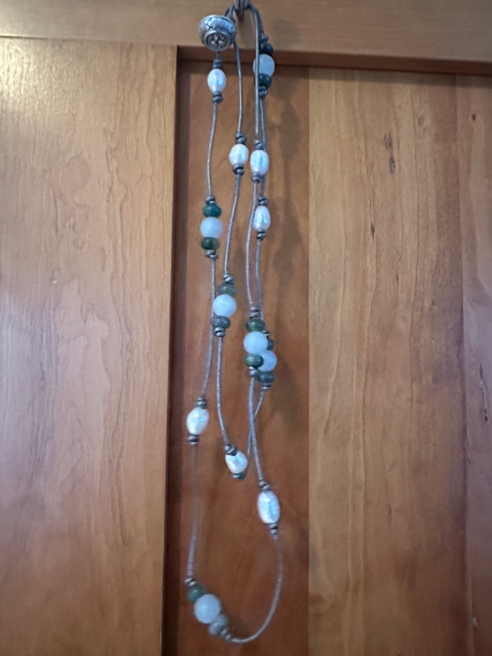 Beaded Pearl and Green Stone Lariat Necklace